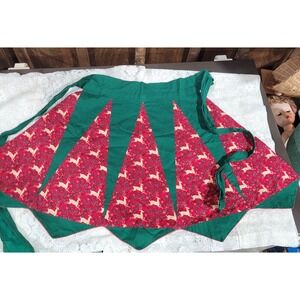 Vintage Christmas Hostess Half Apron Red Gold Stag deer holly EUC